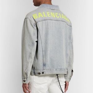 Balenciaga Blue Denim Jacket with Neon Yellow Embroidered Logo - Size 34